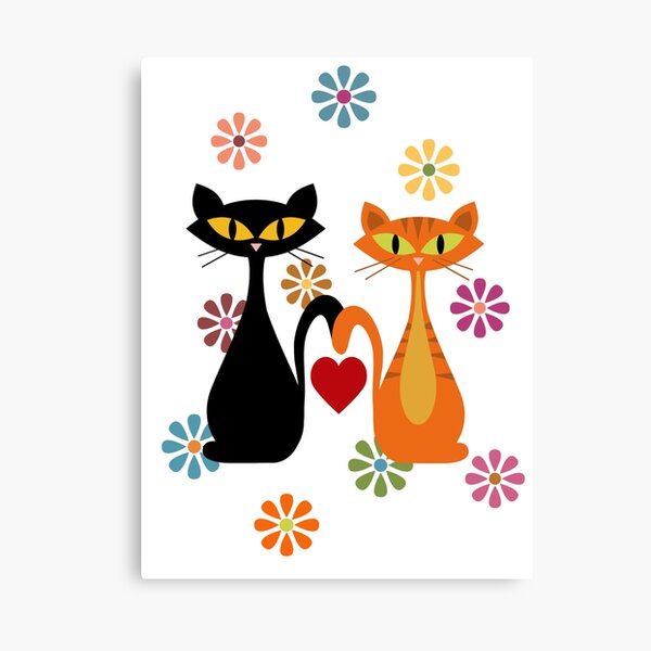 Mid Century orange and black cats in love Canvas Print