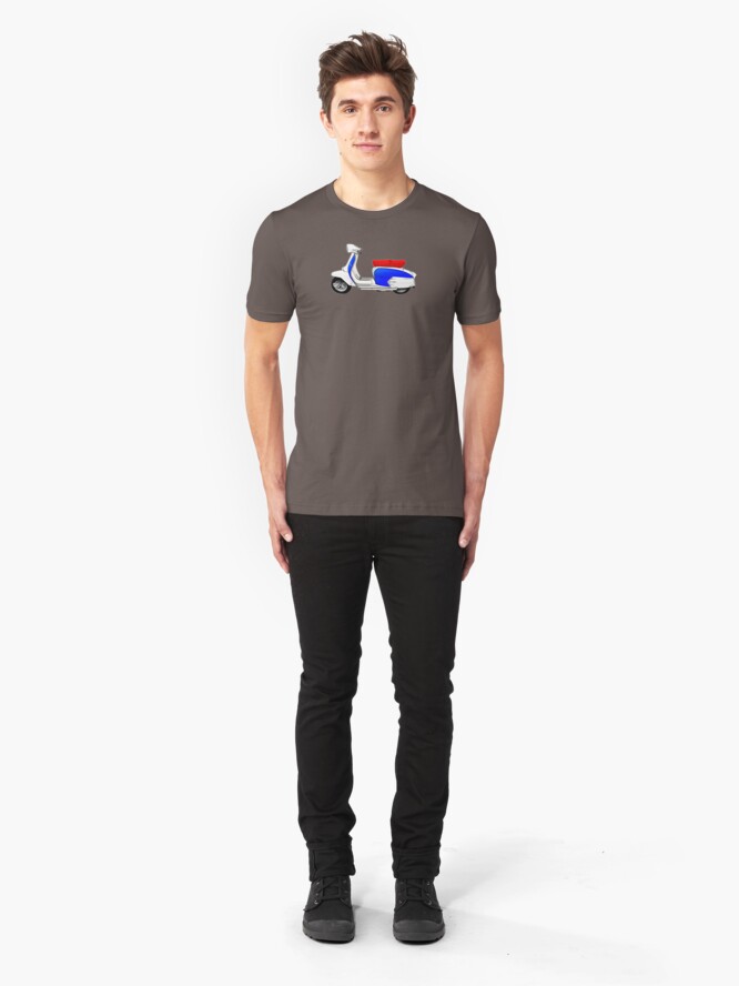 Alternate view of Scooter T-shirts Art: SX200 Dealership Blue Scooter Design Slim Fit T-Shirt