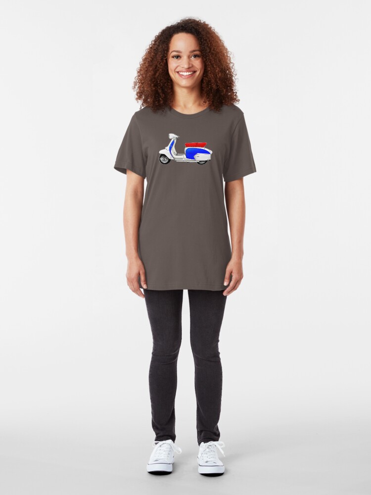 Alternate view of Scooter T-shirts Art: SX200 Dealership Blue Scooter Design Slim Fit T-Shirt