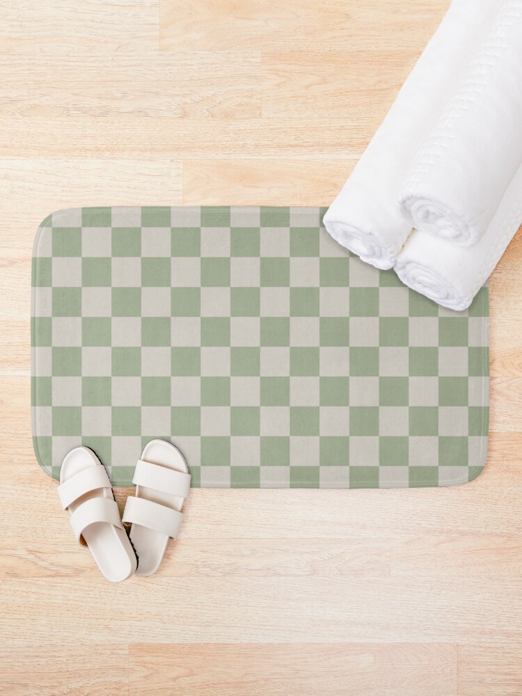 Thumbnail 2 of 6, Bath Mat, Checkerboard Check Checkered Pattern in Sage Green and Beige designed and sold by kierkegaard.