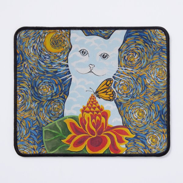 Item preview, Vangogh Starry Night Cat with Flower and Butterfly, art by Miguel Matos Official designed and sold by MiguelMatosArt.