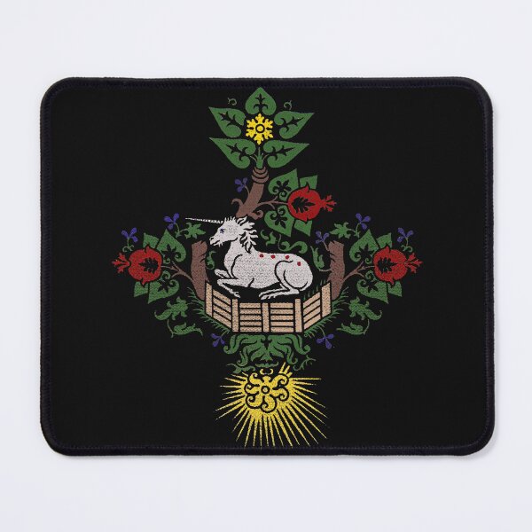 Item preview, Unicorn in captivity Medieval venetian textile remake with pomegranate tree fence flowers and sun designed and sold by bonumagit.