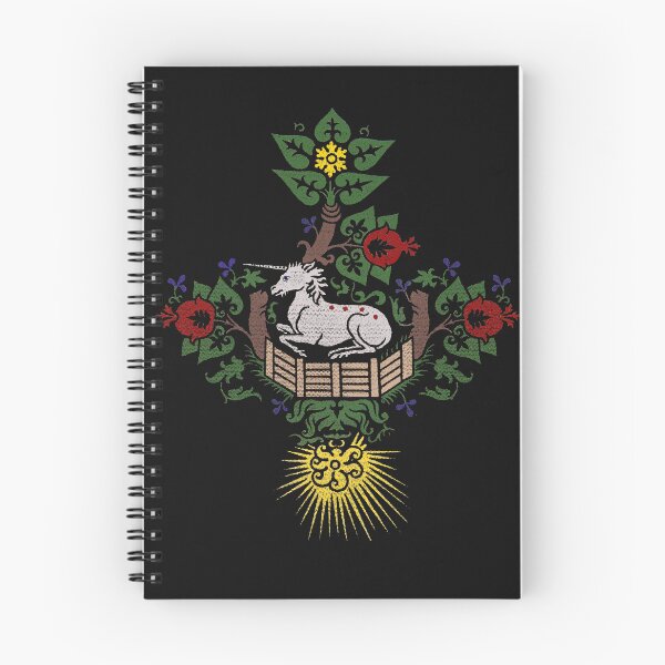 Item preview, Unicorn in captivity Medieval venetian textile remake with pomegranate tree fence flowers and sun designed and sold by bonumagit.