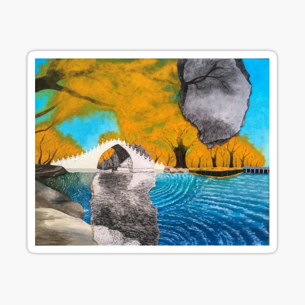White bridge under golden trees Sticker