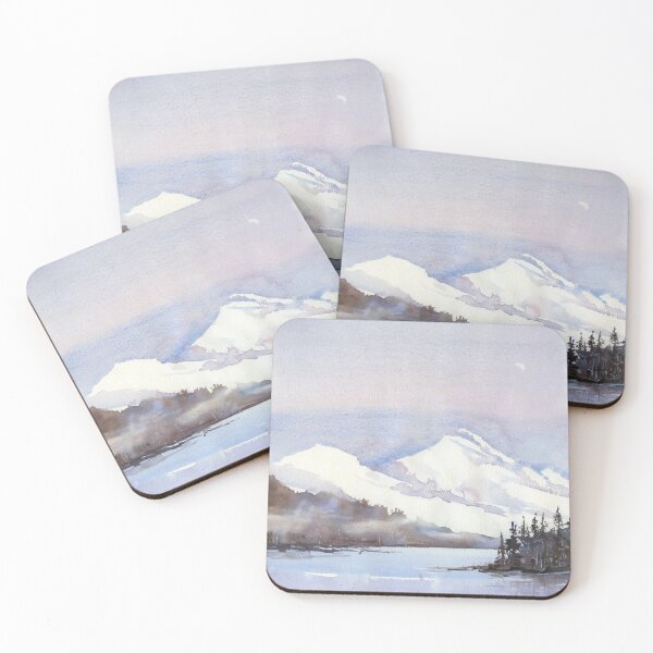 Item preview, Snow capped mountain landscape painting.  Snowy mountain and lake landscape artwork.  Watercolor painting designed and sold by rfoxphoto.