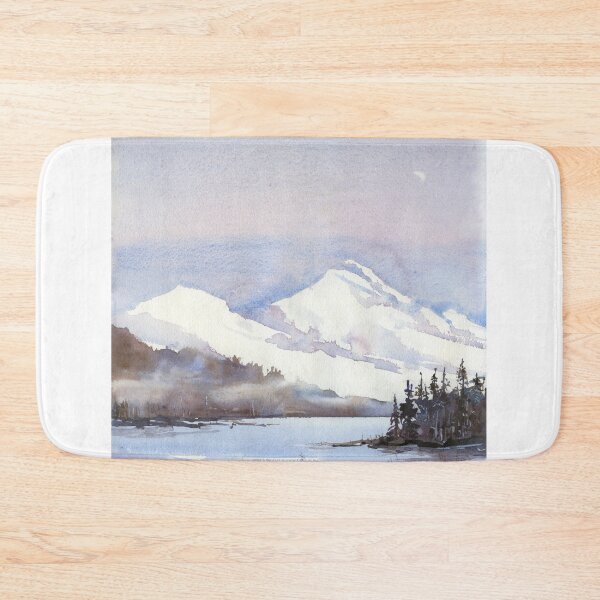 Item preview, Snow capped mountain landscape painting.  Snowy mountain and lake landscape artwork.  Watercolor painting designed and sold by rfoxphoto.