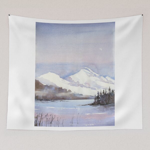 Item preview, Snow capped mountain landscape painting.  Snowy mountain and lake landscape artwork.  Watercolor painting designed and sold by rfoxphoto.