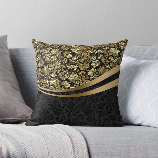 Black And Gold Floral Damasks Throw Pillow