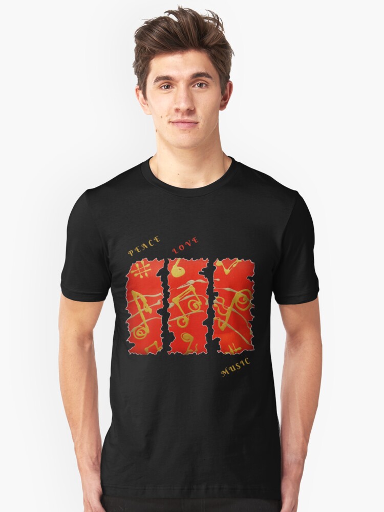 Alternate view of RED GOLD SONG MUSICAL NOTES PEACE LOVE MUSIC Slim Fit T-Shirt