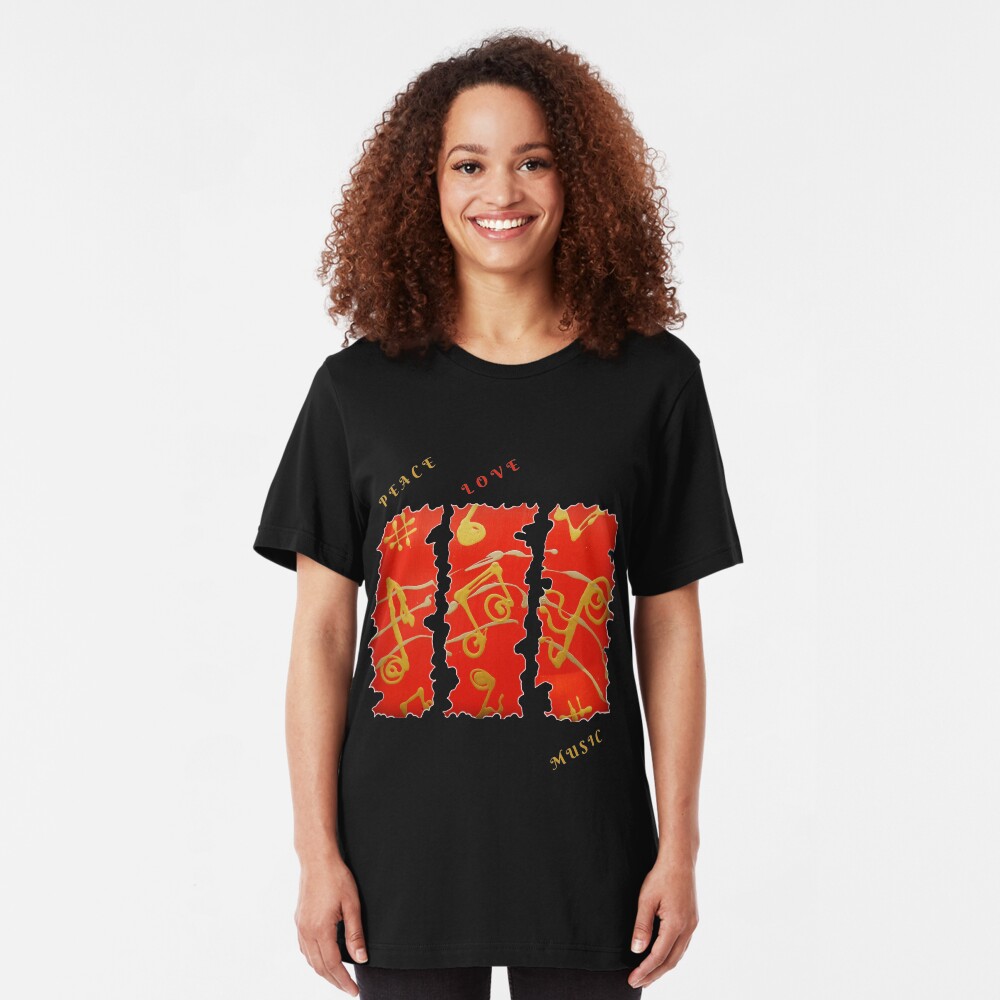 RED GOLD SONG MUSICAL NOTES PEACE LOVE MUSIC Slim Fit T-Shirt