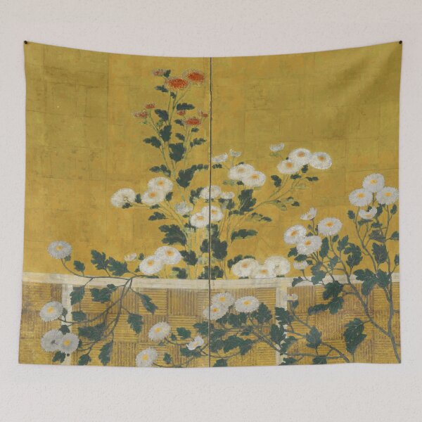 Item preview, Red and White Chrysanthemums Vintage Japanese Gold Leaf Screen Print designed and sold by Vicky Brago-Mitchell®.