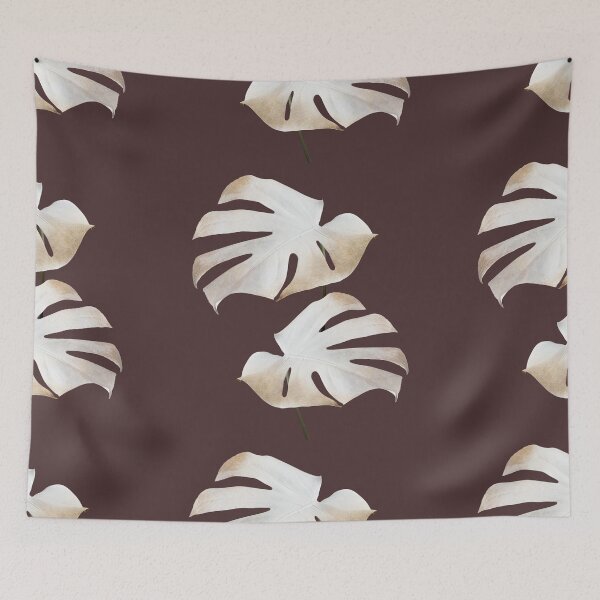 Item preview, White Brown Monstera Leaves in a Dark Brown Backdrop designed and sold by beddreams.