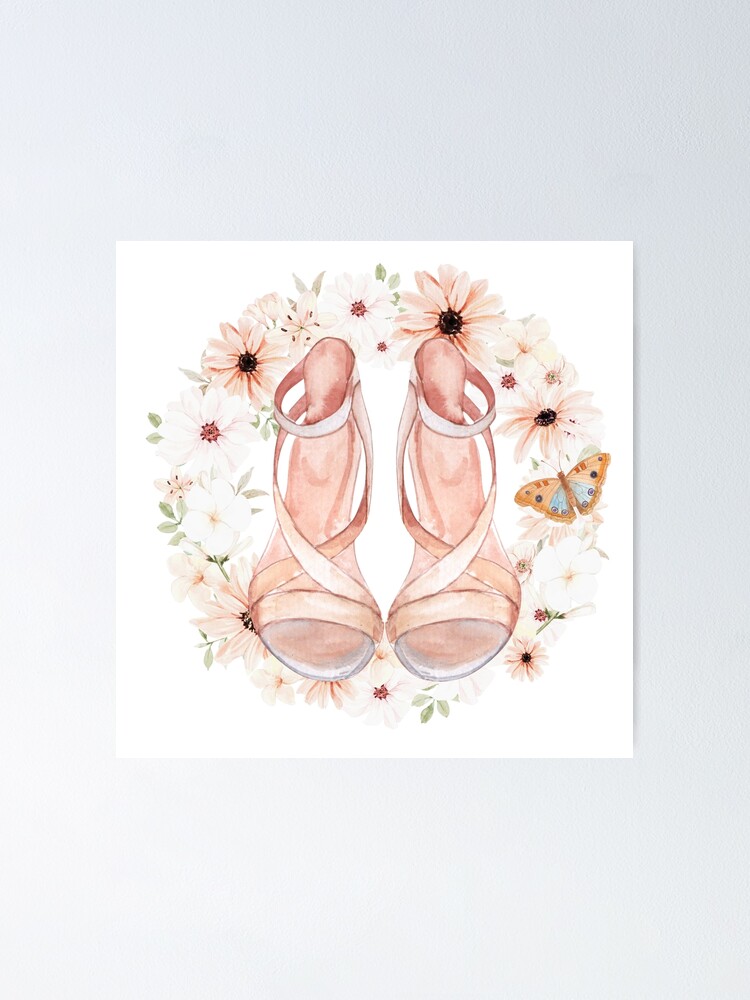 Poster « Sandales roses sur une couronne florale romantique