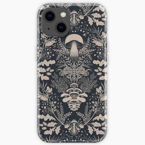 Mushroom forest damask wallpaper dark blue iPhone Soft Case