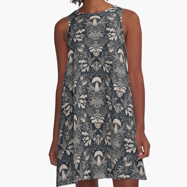 Item preview, Mushroom forest damask wallpaper dark blue designed and sold by DenesAnnaDesign.
