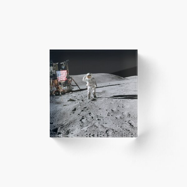 Astronaut salutes the American flag during an Apollo 16 moonwalk. Acrylic Block
