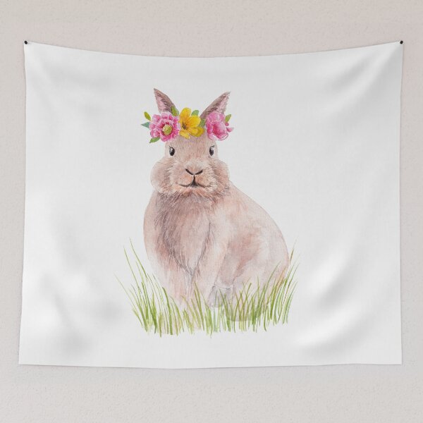 Artikelvorschau, Aquarell Osterhase mit Blumenkranz entworfen und verkauft von fengyuhao.