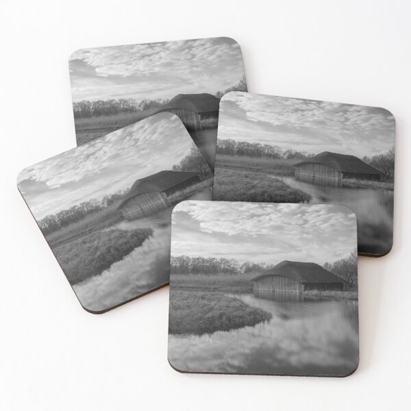 Item preview, Hickling Broad boathouse in monochrome designed and sold by cdkphotos.