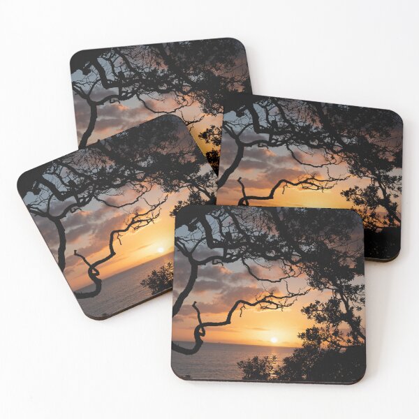 Item preview, Sunrise over coast framed by silhouette foliage of pohutukawa tree on edge of slope. designed and sold by Brian Scantlebury.