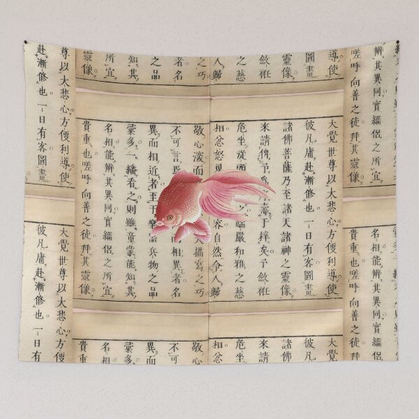Item preview, Beautiful Japanese goldfish on Japanese letter character background  designed and sold by RedThorThreads.