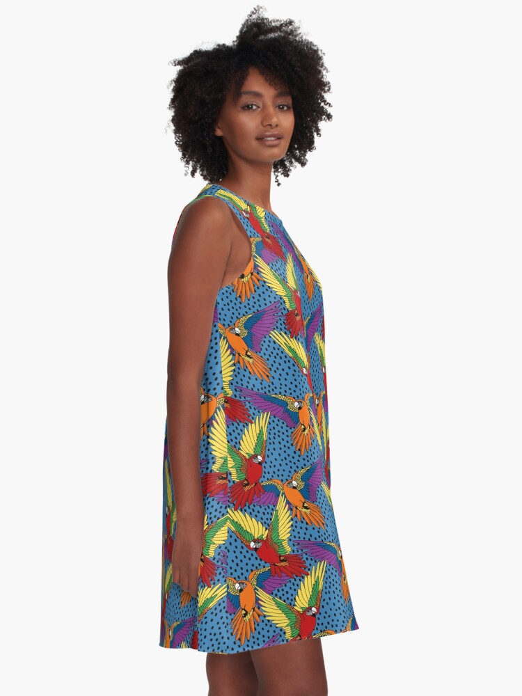 Thumbnail 2 of 4, A-Line Dress, Flight of Freedom & Pride Rainbow Parrots designed and sold by DelightfullyDo.