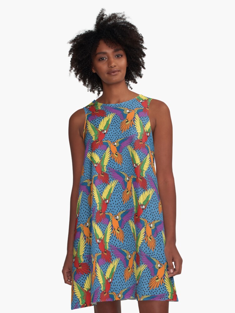 Thumbnail 1 of 4, A-Line Dress, Flight of Freedom & Pride Rainbow Parrots designed and sold by DelightfullyDo.