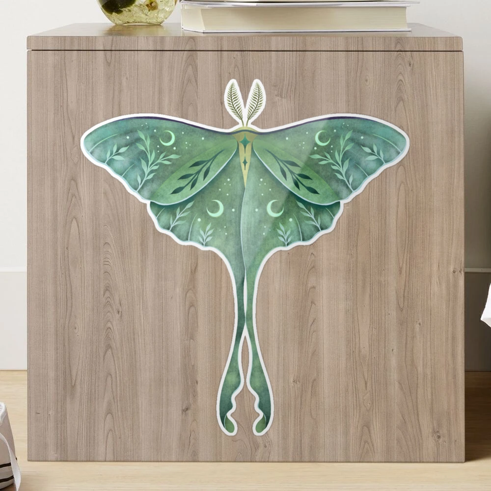 Sticker : New Beginnings; Luna Moth with Mushrooms – CherieSmittleArt