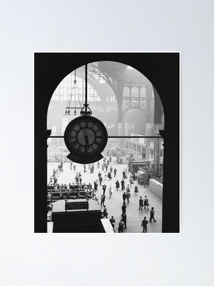 "Black and White Vintage Photo of Penn Station Clock, NYC, 1957