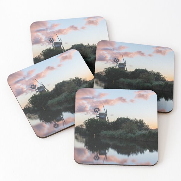 Item preview, Pink and orange sunset over Norfolk Broads Turf Fen windpump designed and sold by cdkphotos.