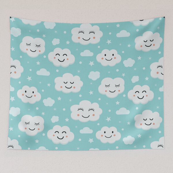 Item preview, Cute smiling white clouds pattern with little stars on blue  designed and sold by Yasminepatterns .