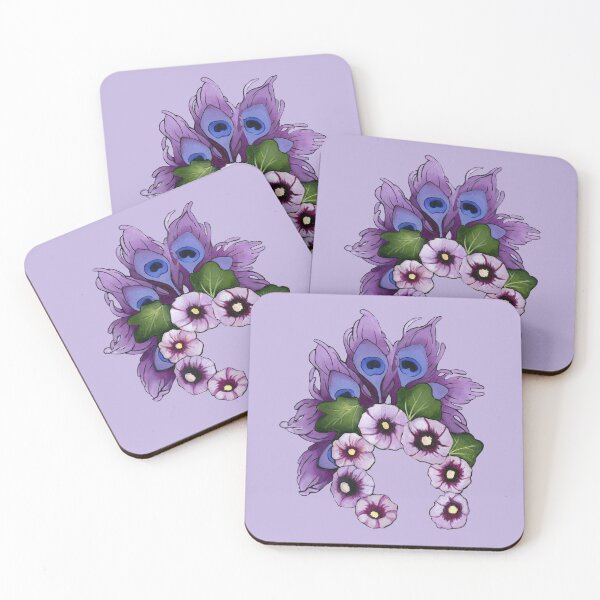 Item preview, Peacock feathers and hollyhock flowers designed and sold by KnowingWonder.