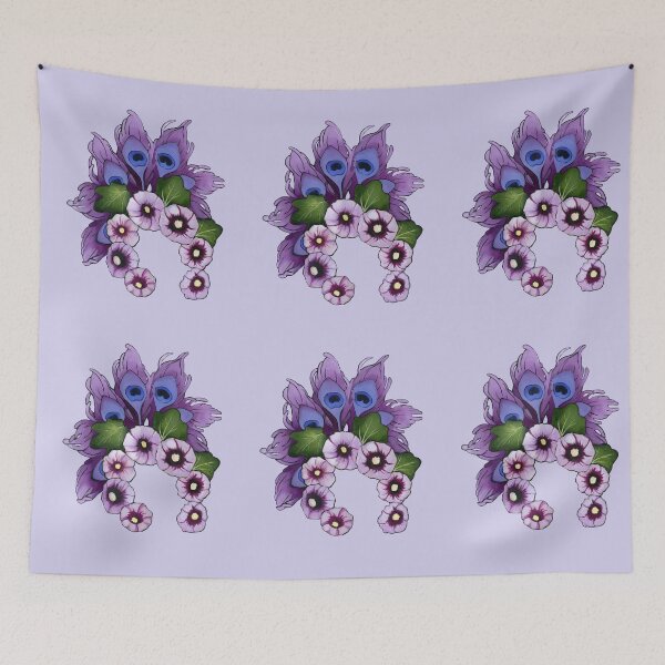 Item preview, Peacock feathers and hollyhock flowers designed and sold by KnowingWonder.