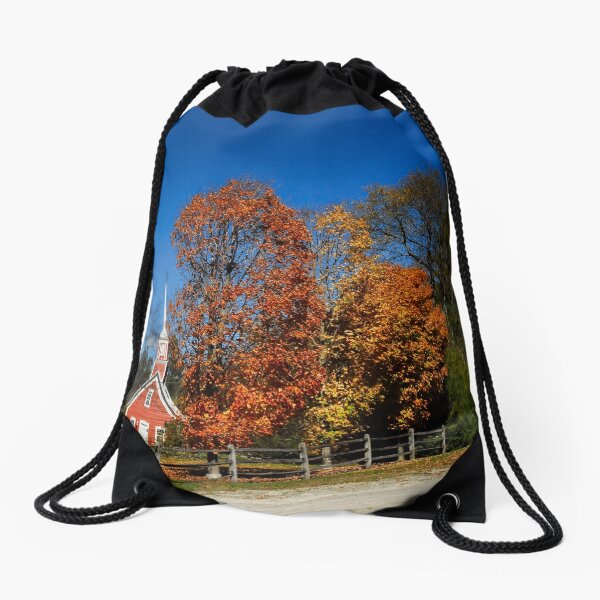 Little Red Church in Fall Drawstring Bag