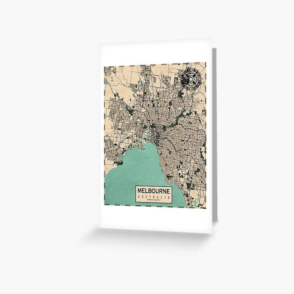 "Melbourne City Map of Australia Vintage" Greeting Card for Sale by
