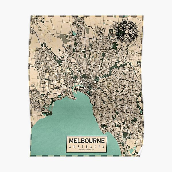 Hand painted map of Melbourne, Australia, 1855 / Retro Melbourne Map