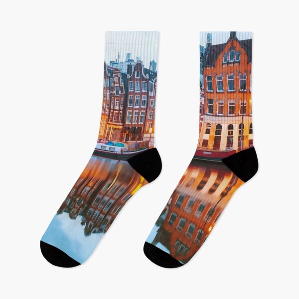 Item preview, Beautiful Amsterdam canal homes reflecting in water at sunset, the Netherlands designed and sold by Orianah.