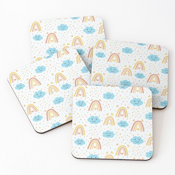 Item preview, Yellow and Coral  Boho Rainbow pattern with Cute smiling clouds and  raindrops  designed and sold by Yasminepatterns .