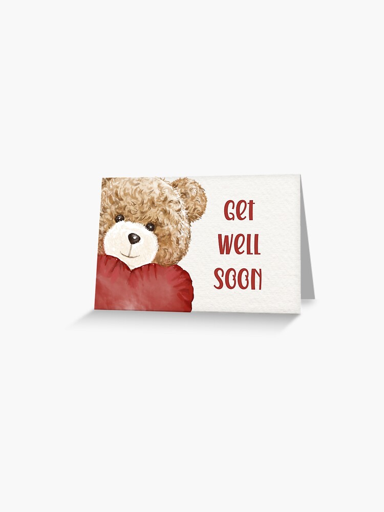 Get Well Soon - Watercolour Teddy Bear and Heart Greeting Card
