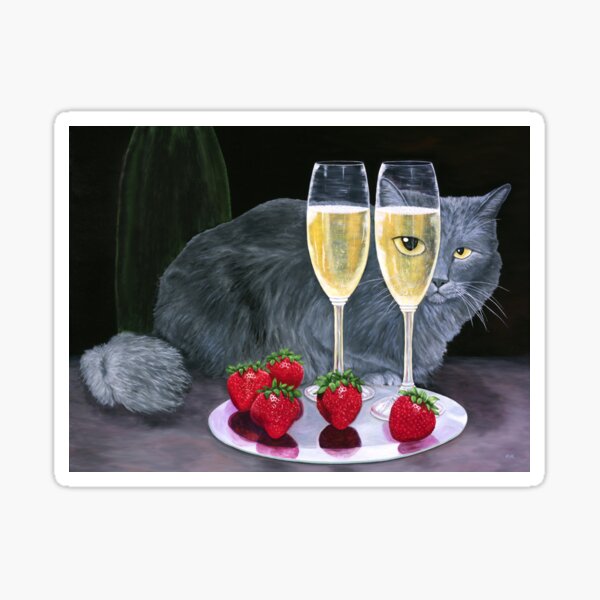Long Haired Grey Cat with Sparkling Wine and Strawberries Sticker