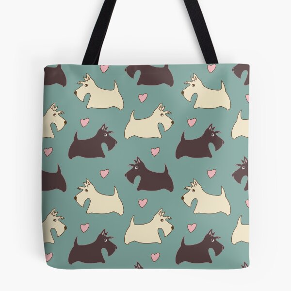 Item preview, Black and wheat Scotty dogs with hearts on a turquoise background designed and sold by RiazanovaArt.