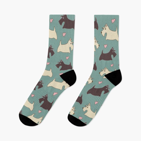 Item preview, Black and wheat Scotty dogs with hearts on a turquoise background designed and sold by RiazanovaArt.