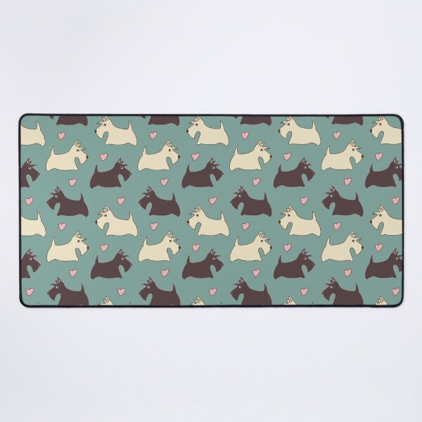 Item preview, Black and wheat Scotty dogs with hearts on a turquoise background designed and sold by RiazanovaArt.