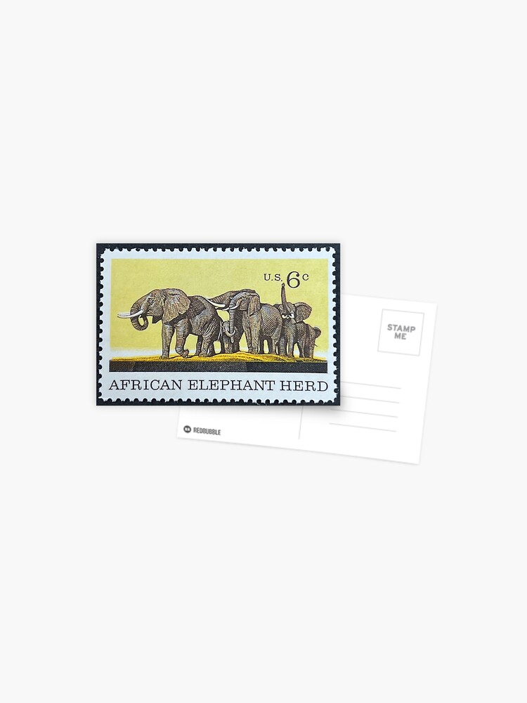 African Elephant Herd Vintage Postage Stamp Postcard