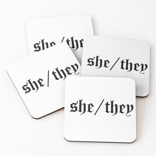 Item preview, she/they pronoun gothic text designed and sold by commiegothslut.