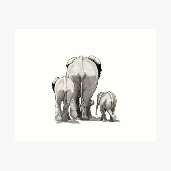 Item preview, Elephant Mama with Babies, Pencil Drawing, Big Animals designed and sold by JoyfulWhimsy.