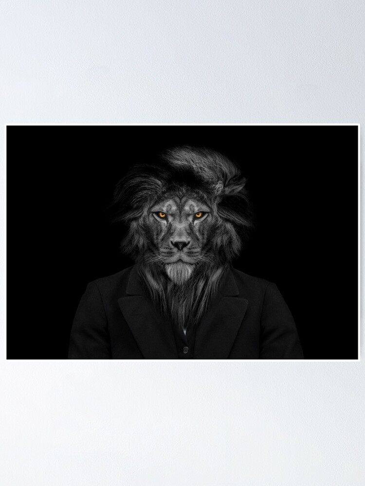 Man in the form of a Lion , The lion person , animal face isolated black  white