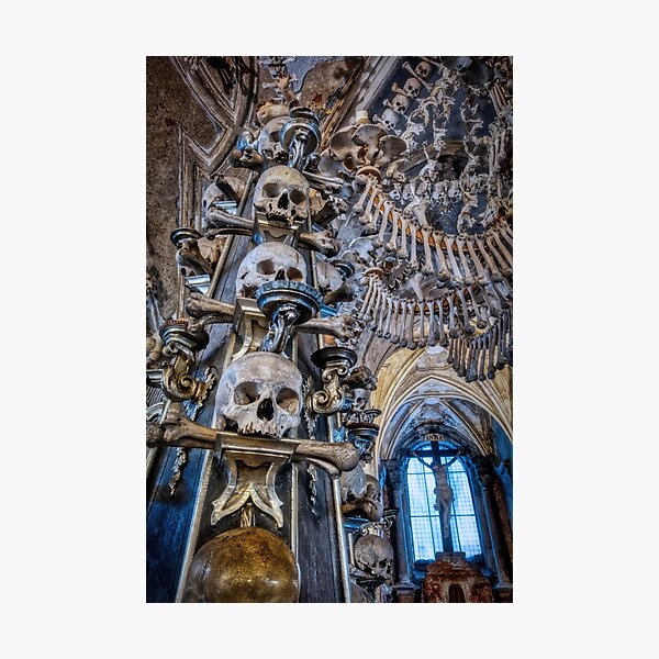 Sedlec Ossuary Column Photo Art, Skull Bone Church Photographic Print