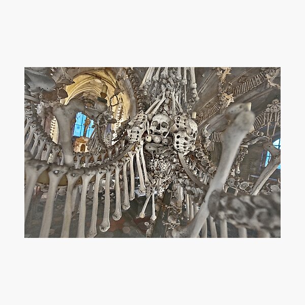Sedlec Ossuary Chandelier Photo Art, Skull Bone Church Photographic Print