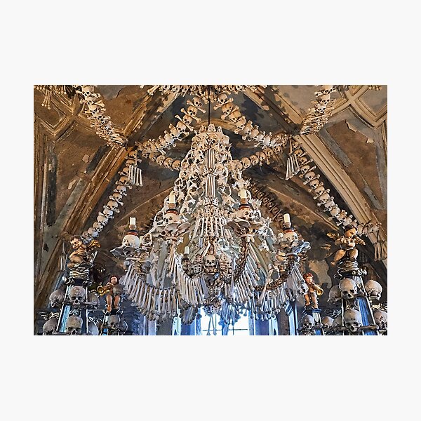 Sedlec Ossuary Chandelier Photo Art, Skull Bone Church Photographic Print