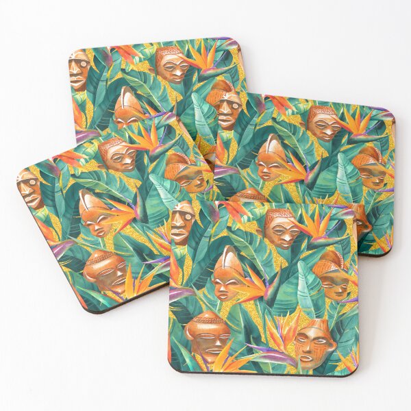 Item preview, African wooden masks and Strelitzia on golden background designed and sold by Irina Ivanova.